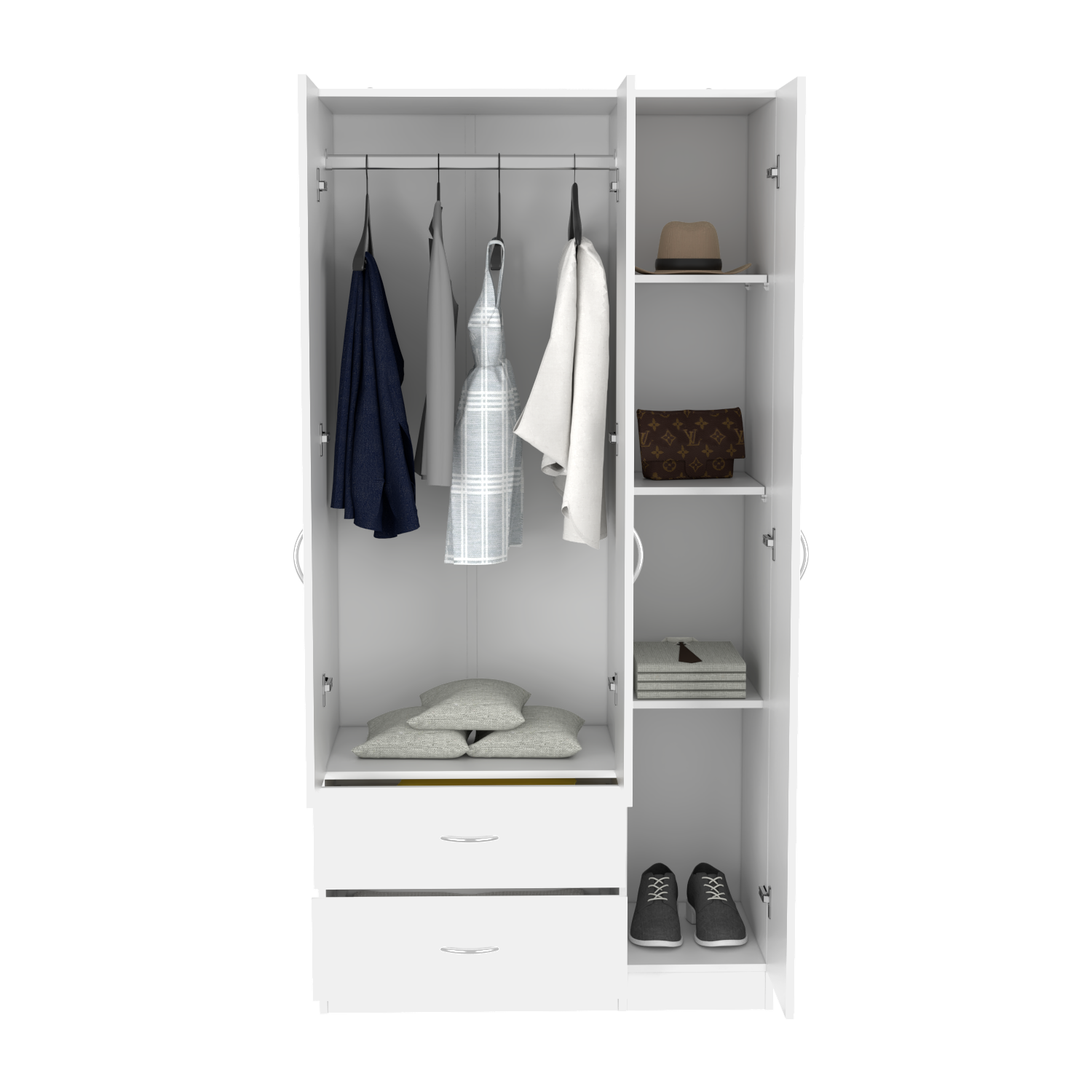 Three Door Armoire Clark, Metal Rod, White Finish-2