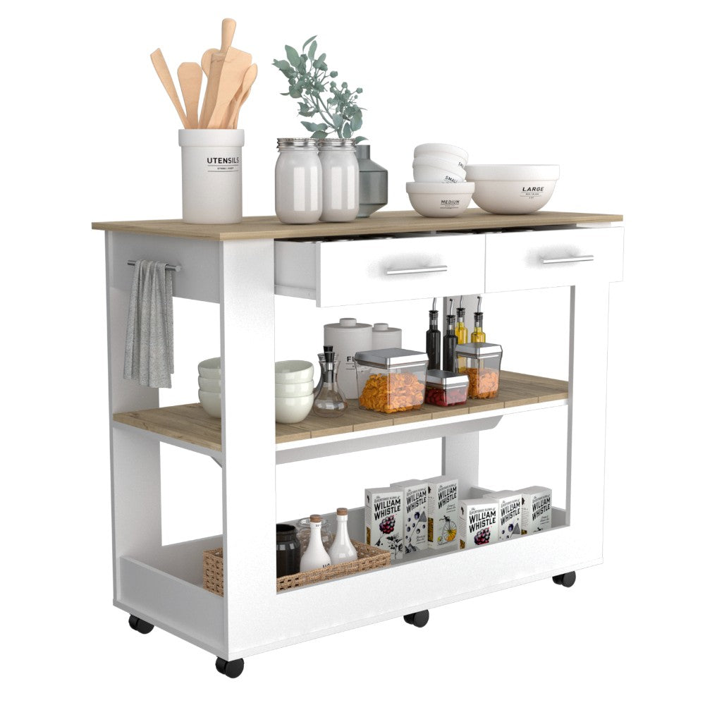 Kitchen Island 46 Inches Dozza, Two Drawers, White / Light Oak Finish-4