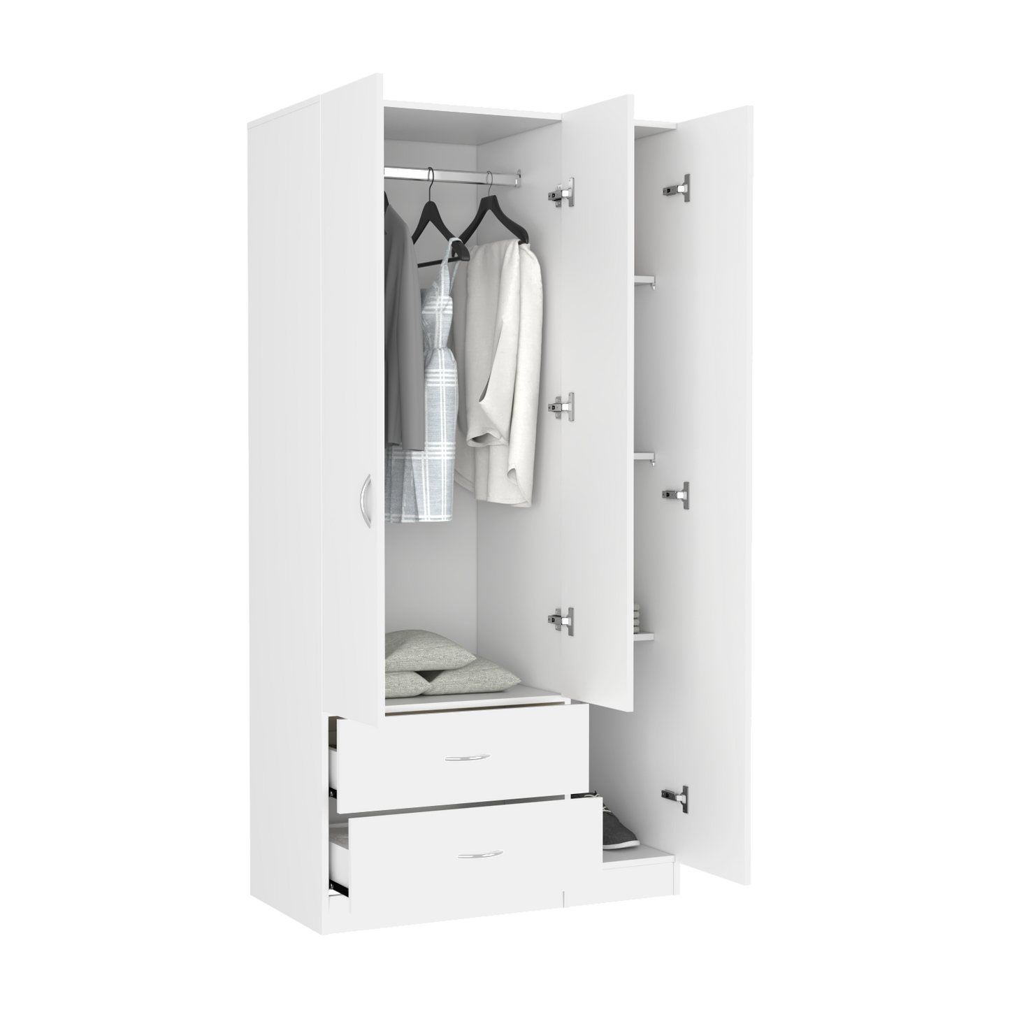 Three Door Armoire Clark, Metal Rod, White Finish-3