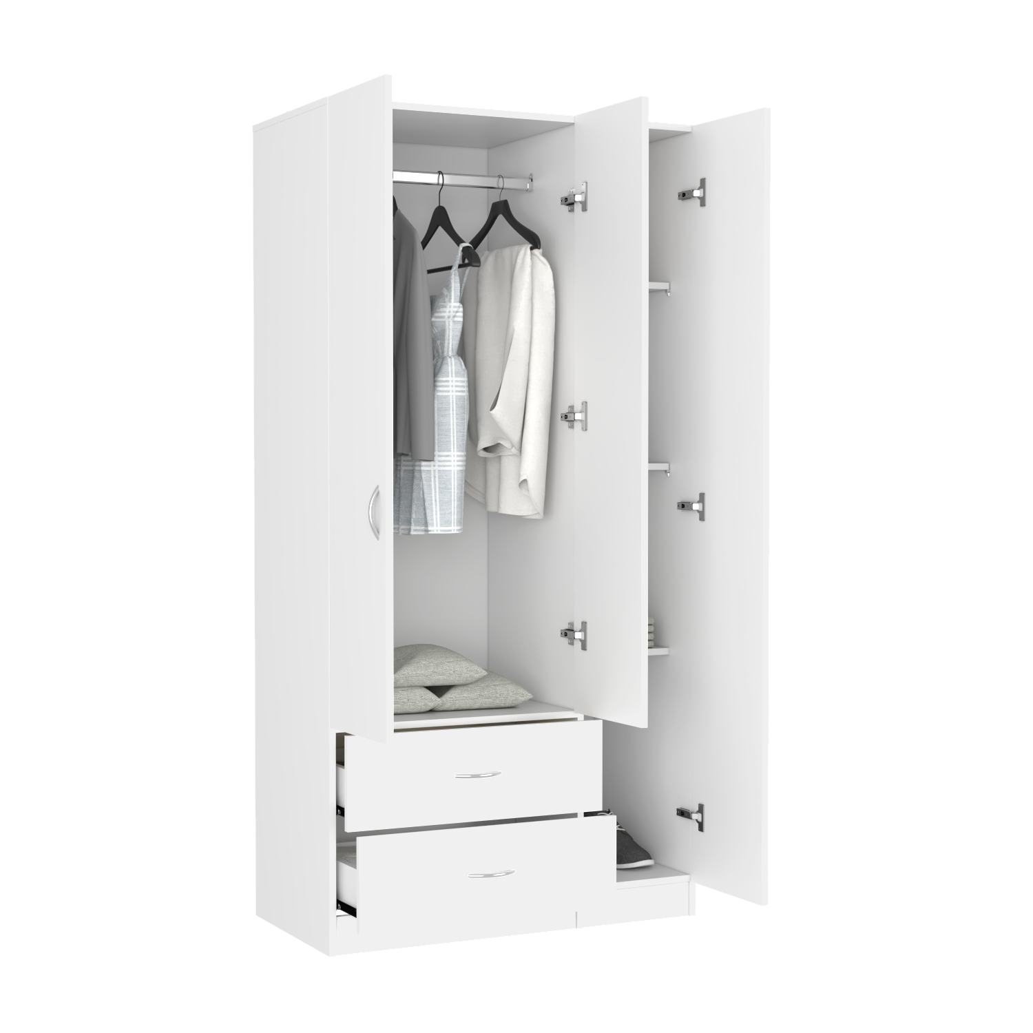 Three Door Armoire Clark, Metal Rod, White Finish-3