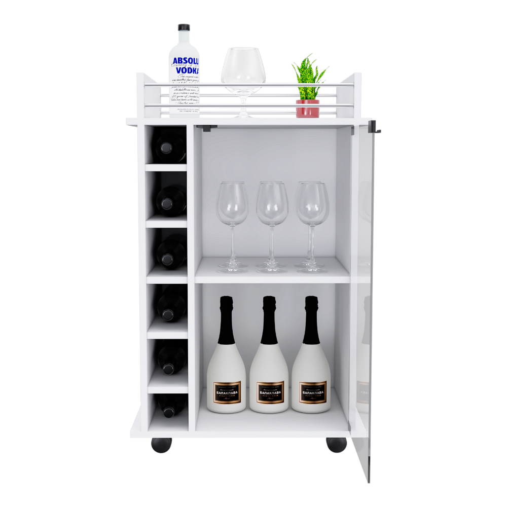 Bar Cart Baltimore, Six Wine Cubbies, Glass Door, Four Caster, Two Shelves, White Finish-2