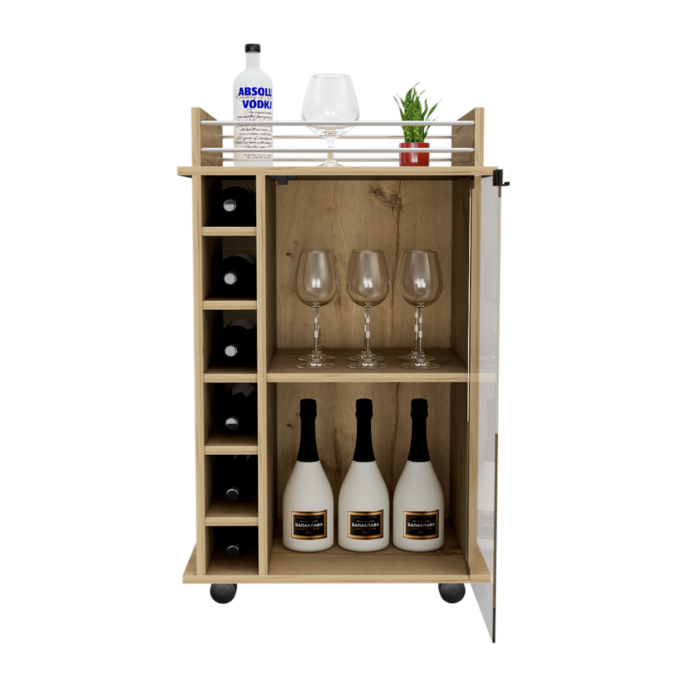 Bar Cart Baltimore, Two Tier Cabinet With Glass Door, Six Wine Cubbies, Light Oak Finish-2