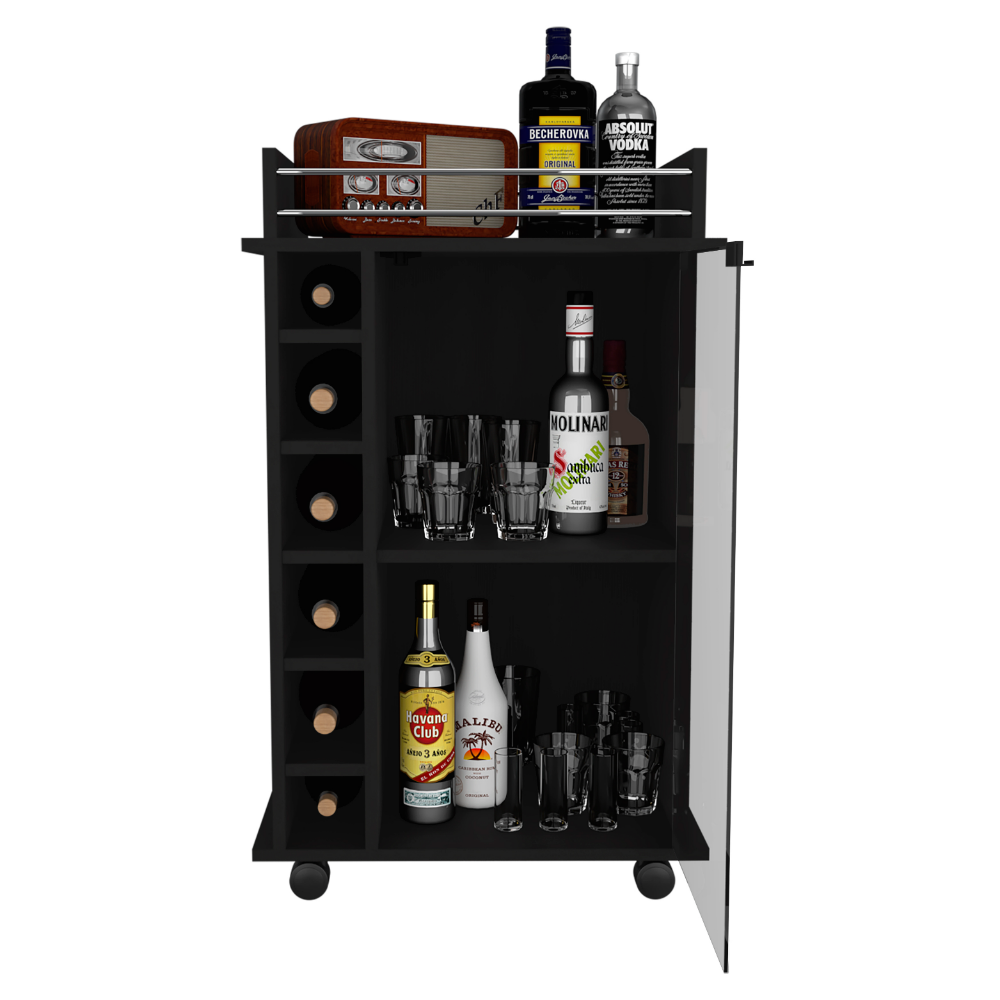 Bar Cart Baltimore, Two Tier Cabinet With Glass Door, Six Wine Cubbies, Black Wengue Finish-2