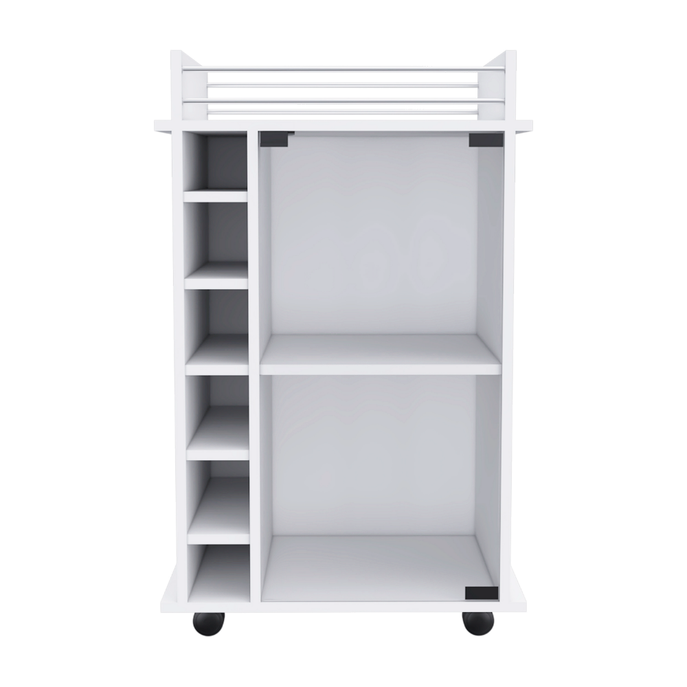 Bar Cart Baltimore, Six Wine Cubbies, Glass Door, Four Caster, Two Shelves, White Finish-3