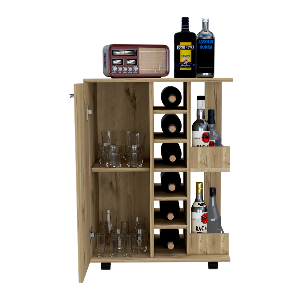 Bar Cart Wells, Four Casters, Six Wine Cubbies, Single Door Cabinet, Light Oak Finish-2