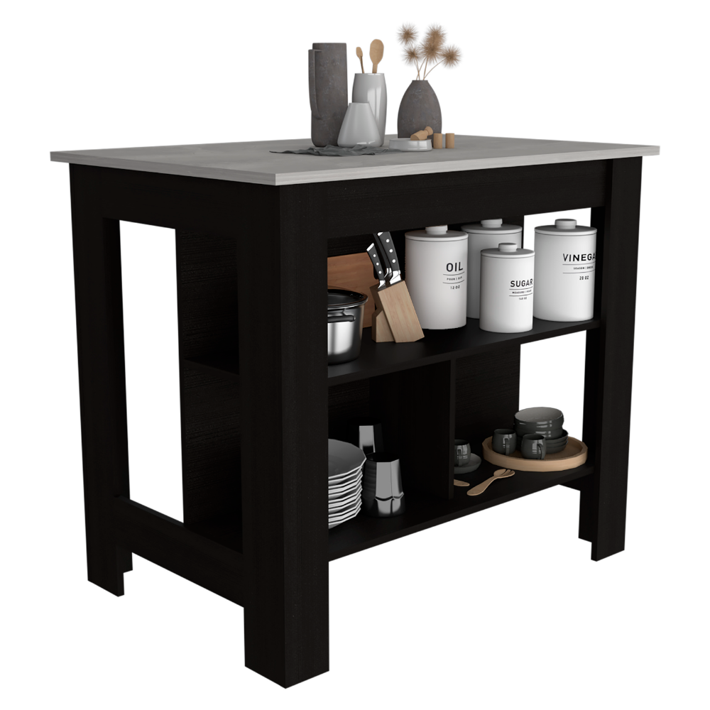 Kitchen Island Dozza, Three Shelves, Black Wengue / Ibiza Marble Finish-3