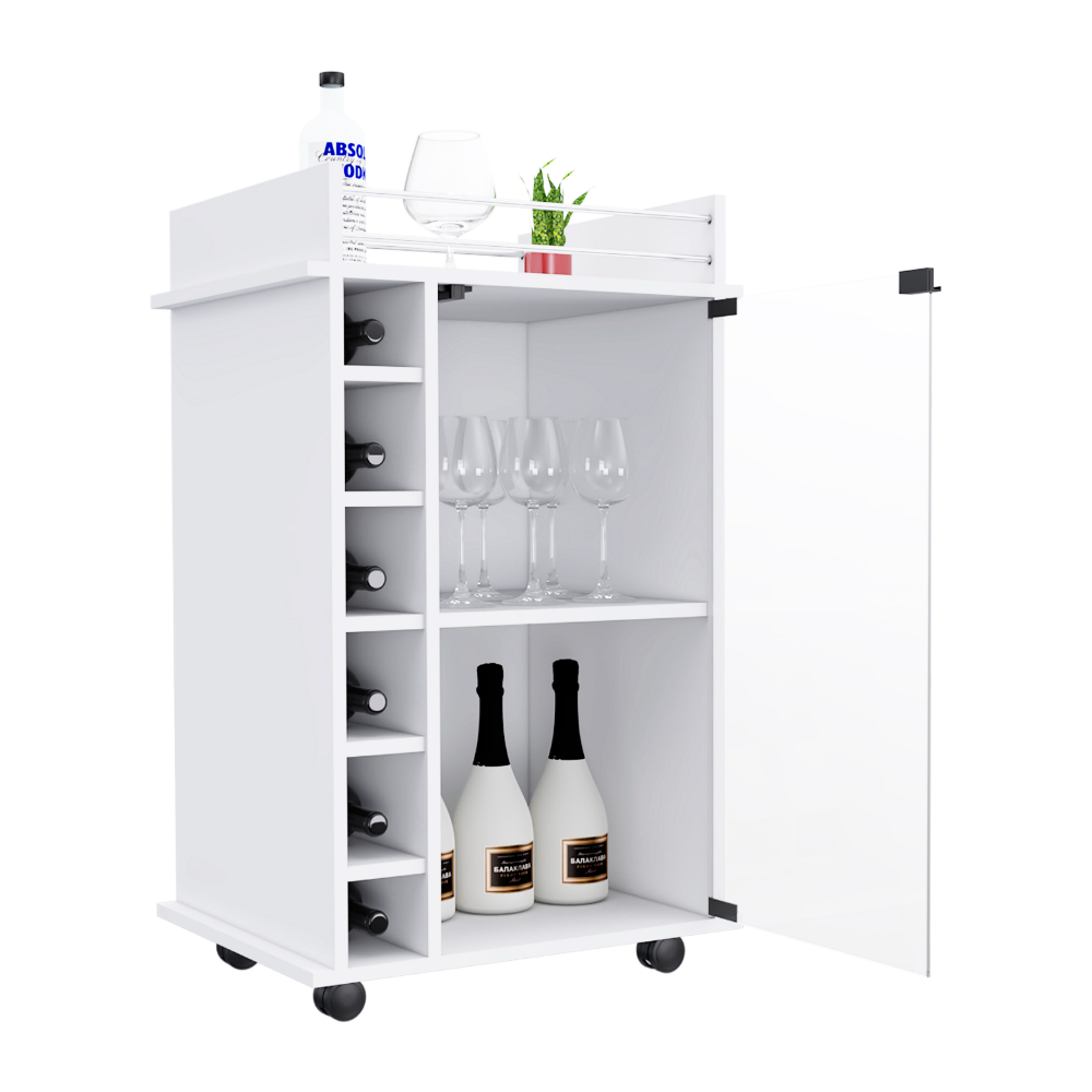 Bar Cart Baltimore, Six Wine Cubbies, Glass Door, Four Caster, Two Shelves, White Finish-4