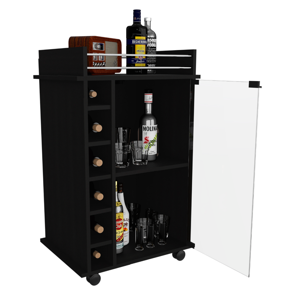 Bar Cart Baltimore, Two Tier Cabinet With Glass Door, Six Wine Cubbies, Black Wengue Finish-4