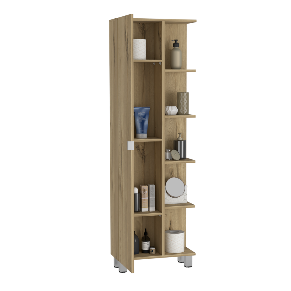 Corner Cabinet Womppi, Five Open Shelves, Single Door, Light Oak Finish-4