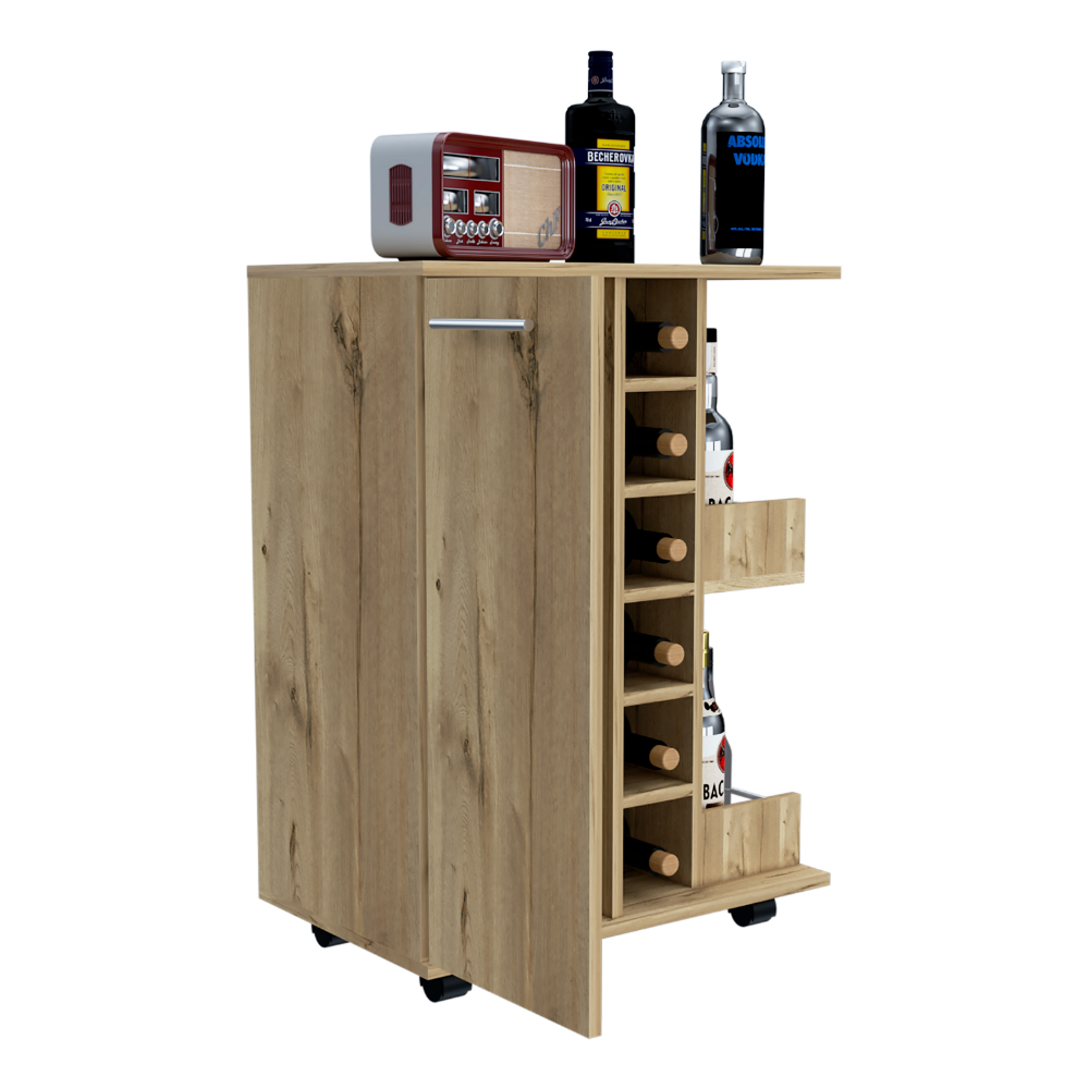 Bar Cart Wells, Four Casters, Six Wine Cubbies, Single Door Cabinet, Light Oak Finish-4