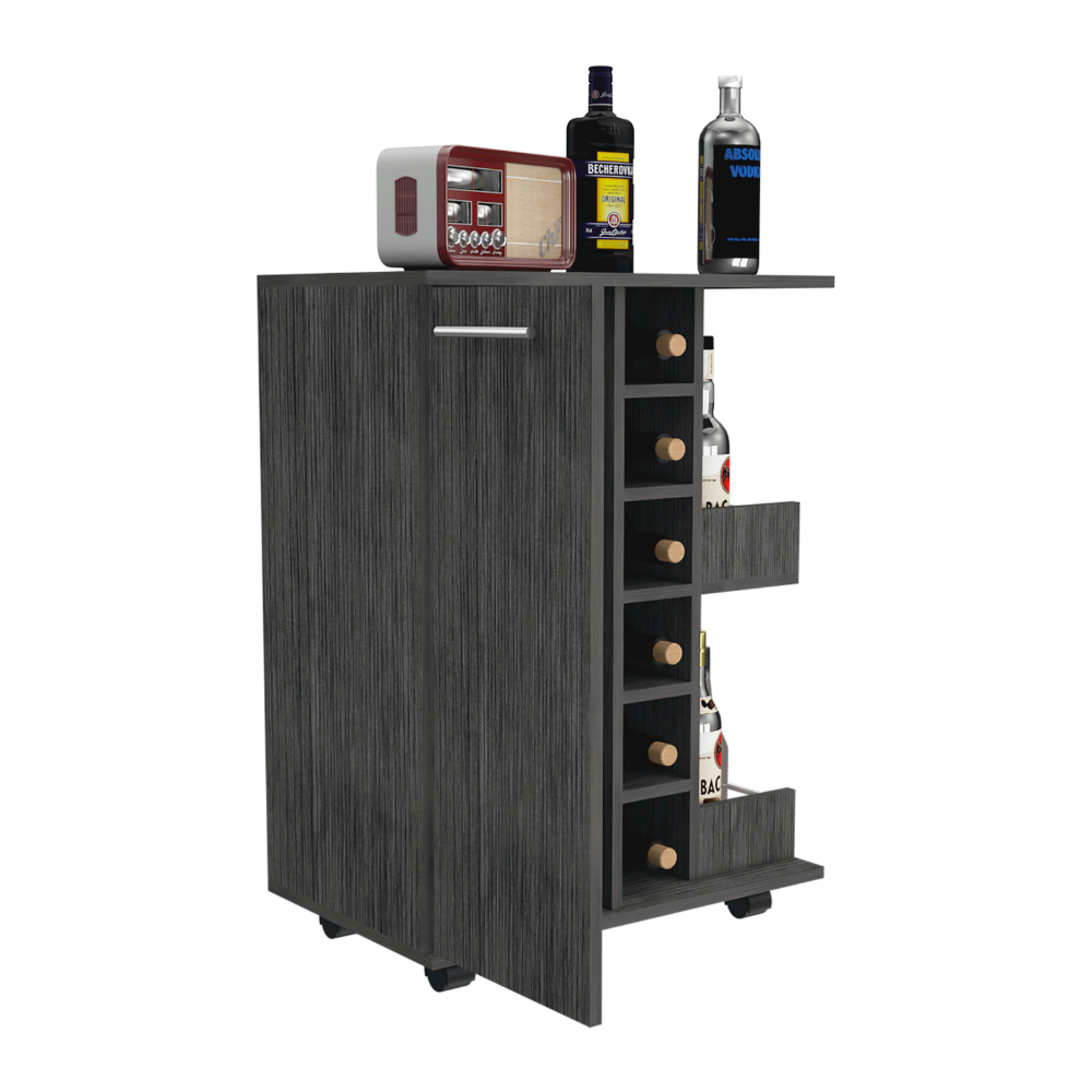 Bar Cart Wells, Four Casters, Six Wine Cubbies, Single Door Cabinet, Smokey Oak Finish-3