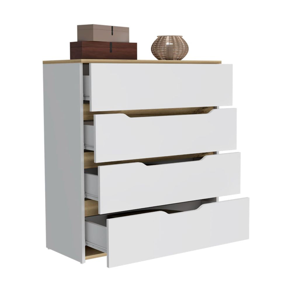 Dresser Oboe, Superior Top, Four Drawers, White / Light Oak Finish-4