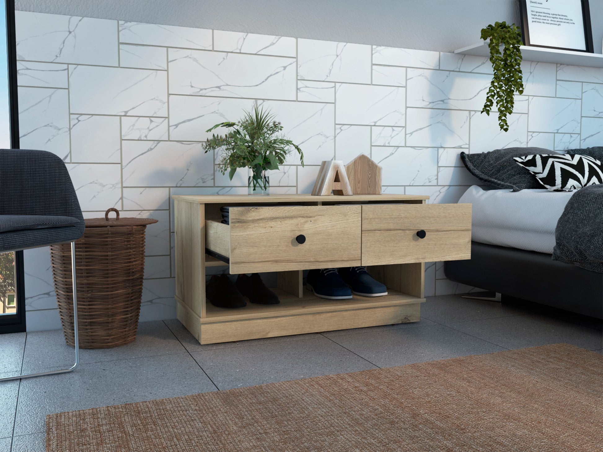 Storage Bench Beji, Lower Shelf, Two Drawers, Light Oak Finish-1