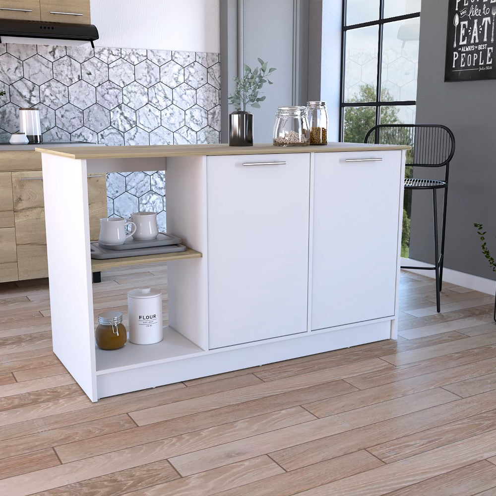 Kitchen Island Padua, Four Open Shelves, Light Oak / White Finish-0