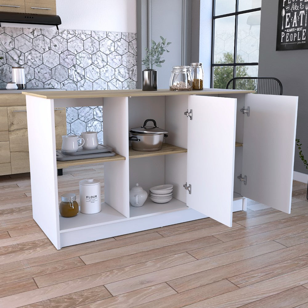 Kitchen Island Padua, Four Open Shelves, Light Oak / White Finish-1