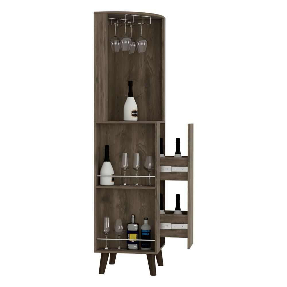 Corner Bar Cabinet Plex, Cup Rack, Two External Shelves, Dark Brown Finish-3