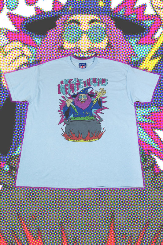 Short Sleeved T-Shirt in Light Blue with Tripping Wizard Print-0