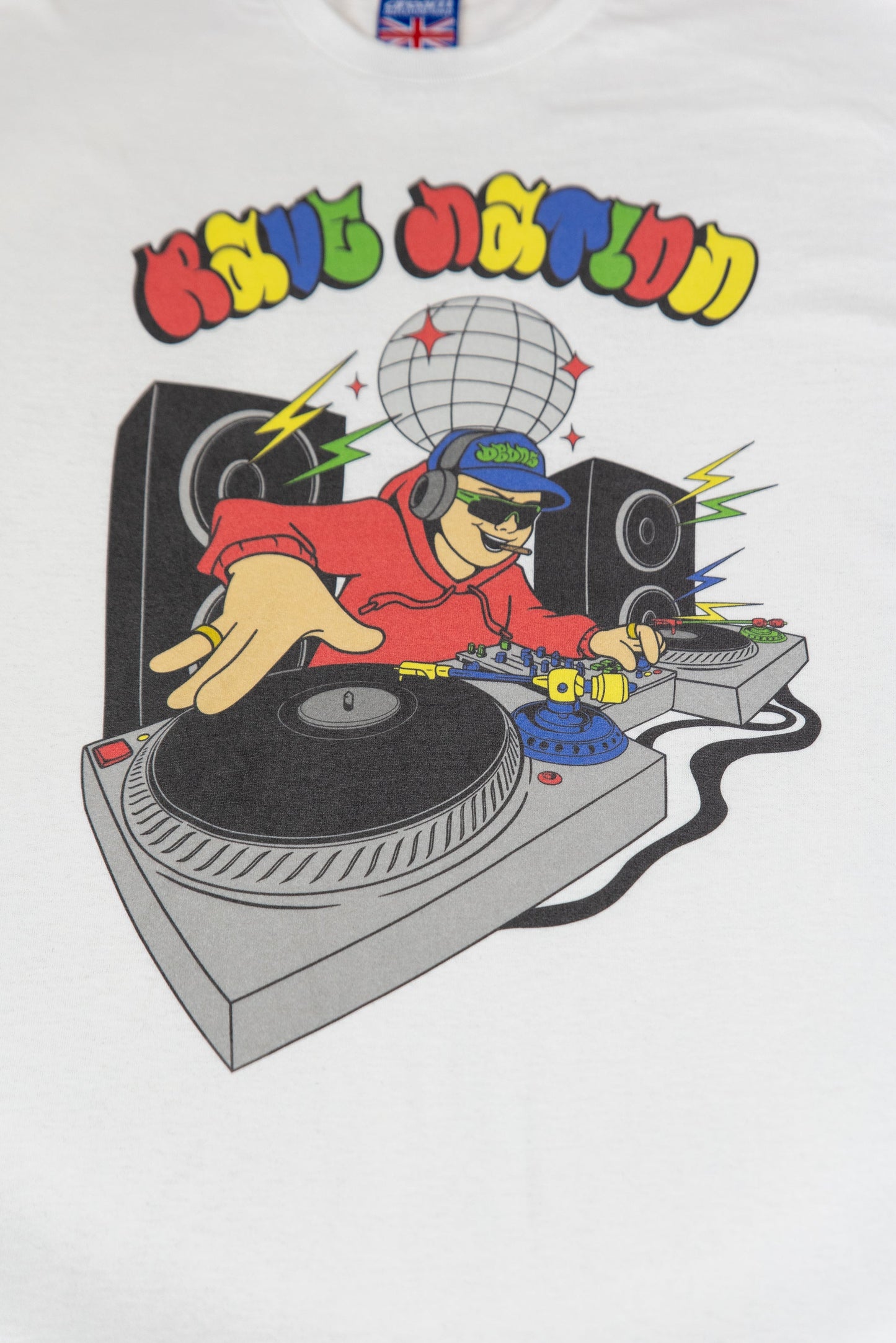 Short Sleeved T-Shirt in White with Rave Nation DJ Print-1