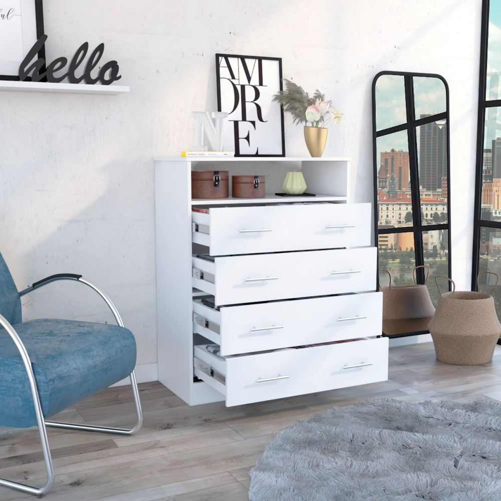 Four Drawer Dresser Wuju, One Shelf, White Finish-1