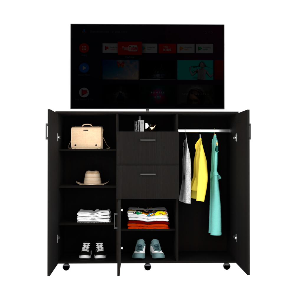 Double Door Cabinet Dresser Quizz, Two Drawers, Single Cabinet, Rod, Black Wengue Finish-2