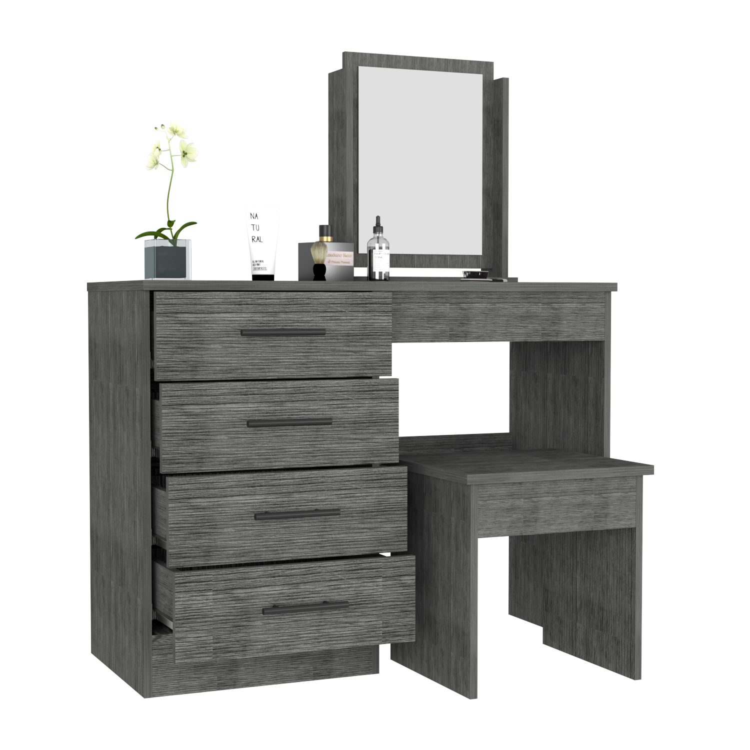 Makeup Dressing Table Roxx, Four Drawers, One Mirror, Stool, Smokey Oak Finish-3