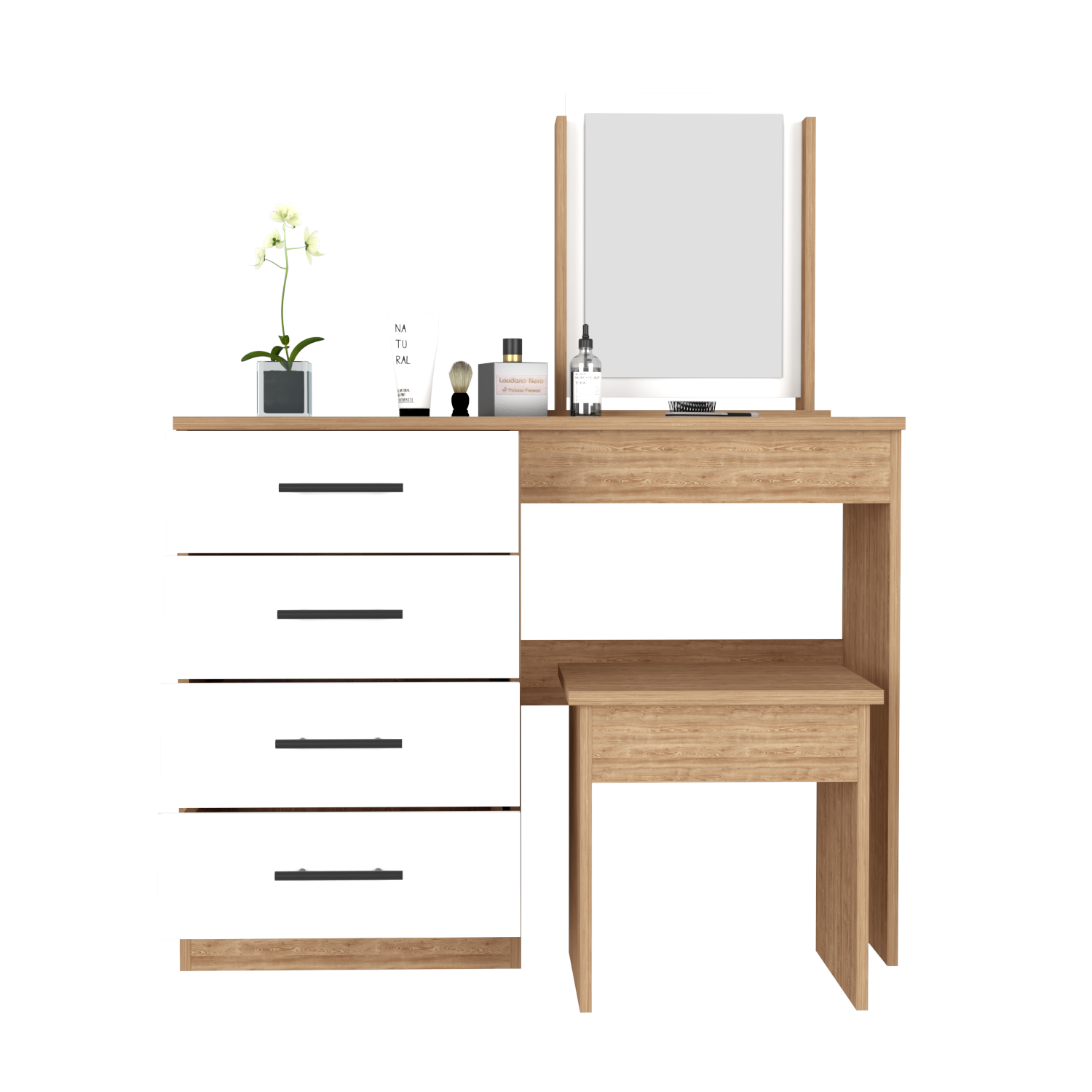 Makeup Dressing Table Roxx, Four Drawers, One Mirror, Stool, Pine / White Finish-2