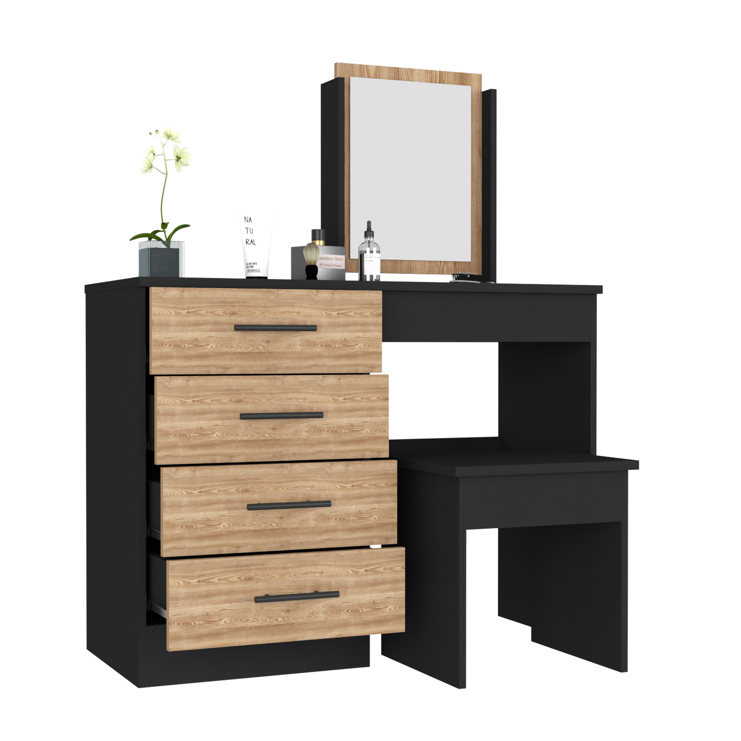 Makeup Dressing Table Roxx, Four Drawers, One Mirror, Stool, Black Wengue / Pine Finish-3