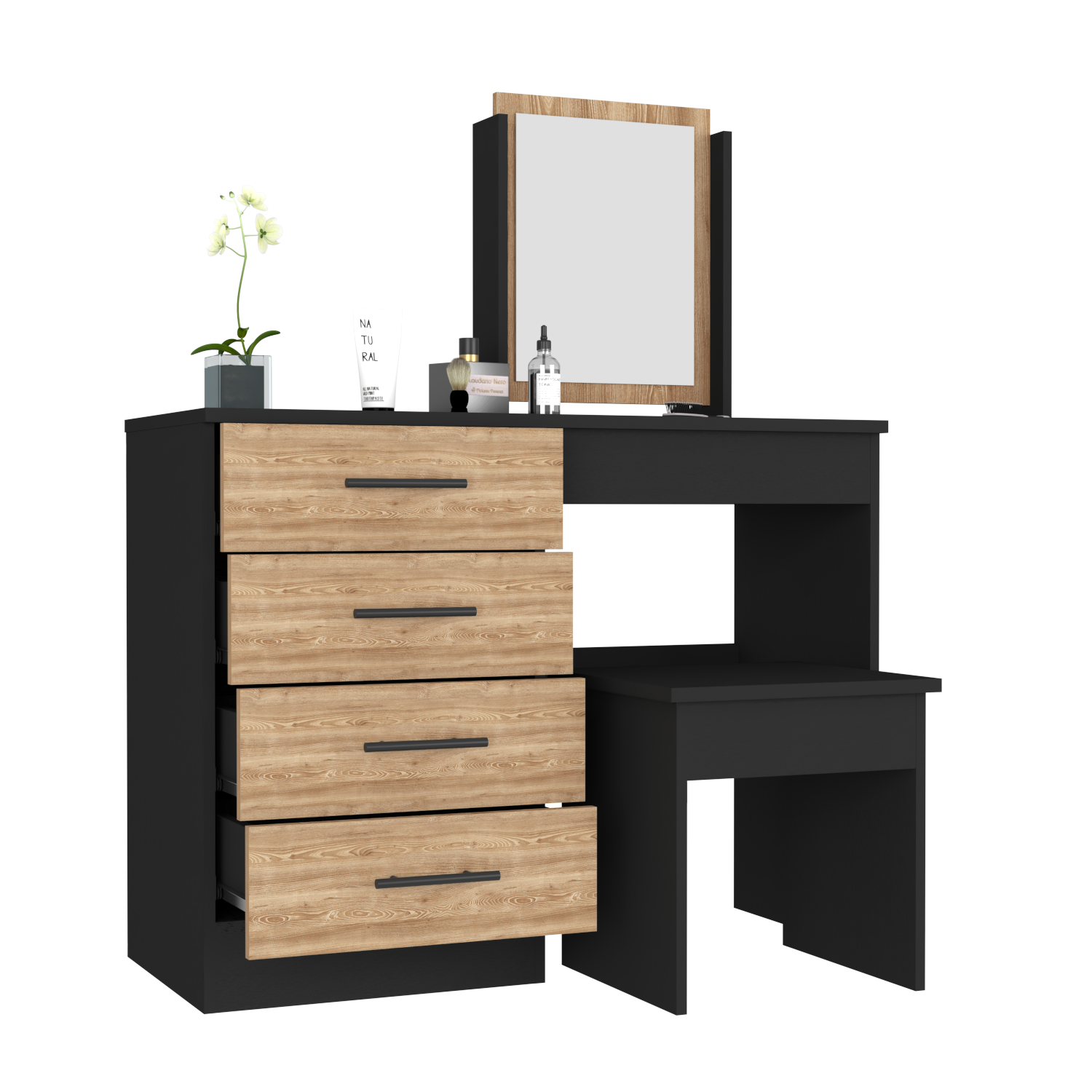 Makeup Dressing Table Roxx, Four Drawers, One Mirror, Stool, Black Wengue / Pine Finish-3