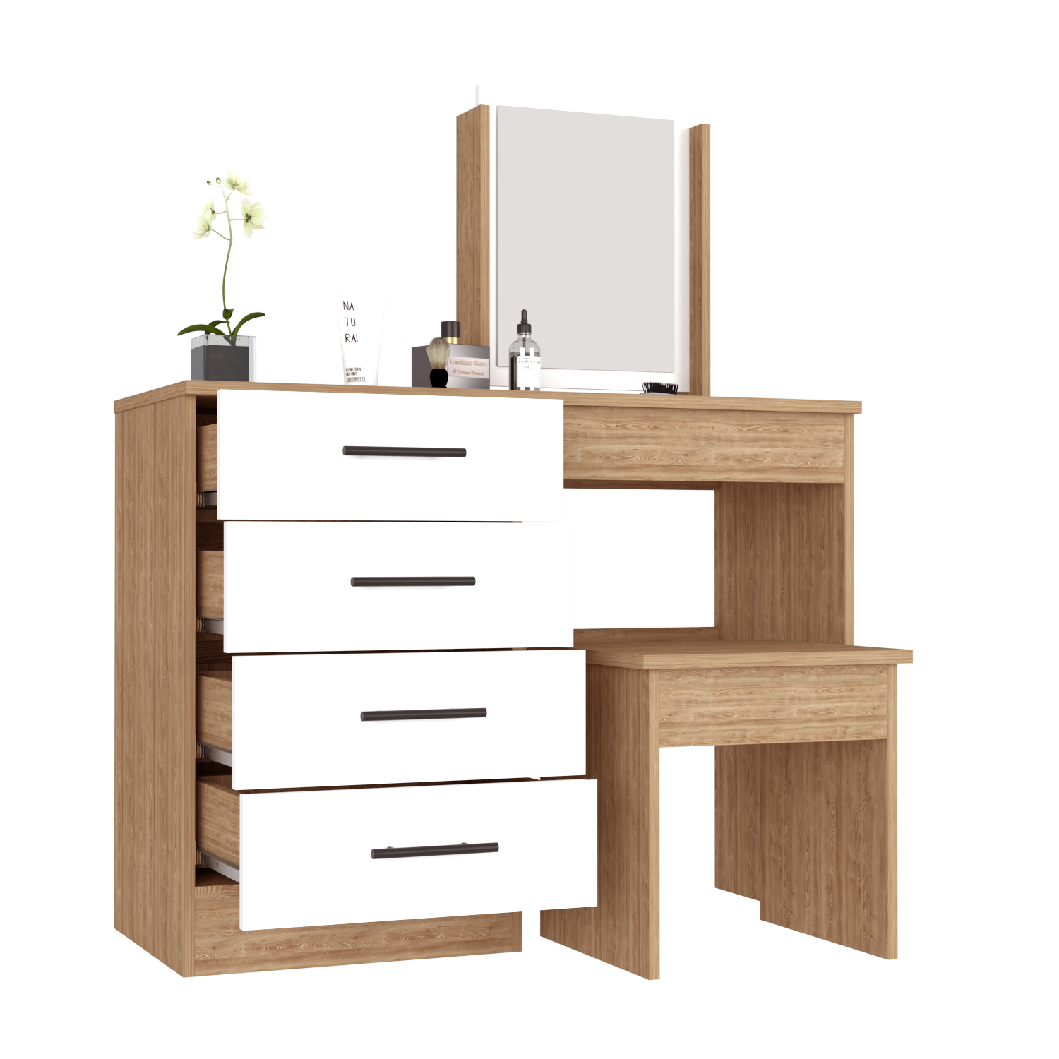 Makeup Dressing Table Roxx, Four Drawers, One Mirror, Stool, Pine / White Finish-3