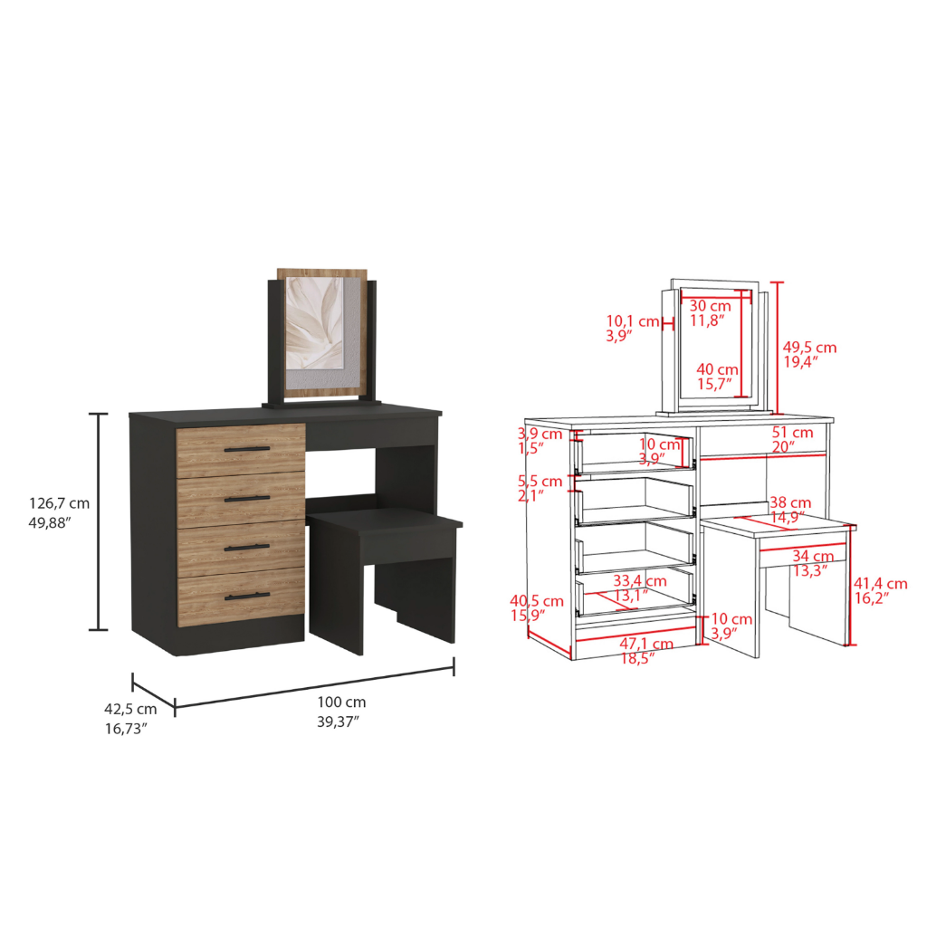 Makeup Dressing Table Roxx, Four Drawers, One Mirror, Stool, Black Wengue / Pine Finish-4