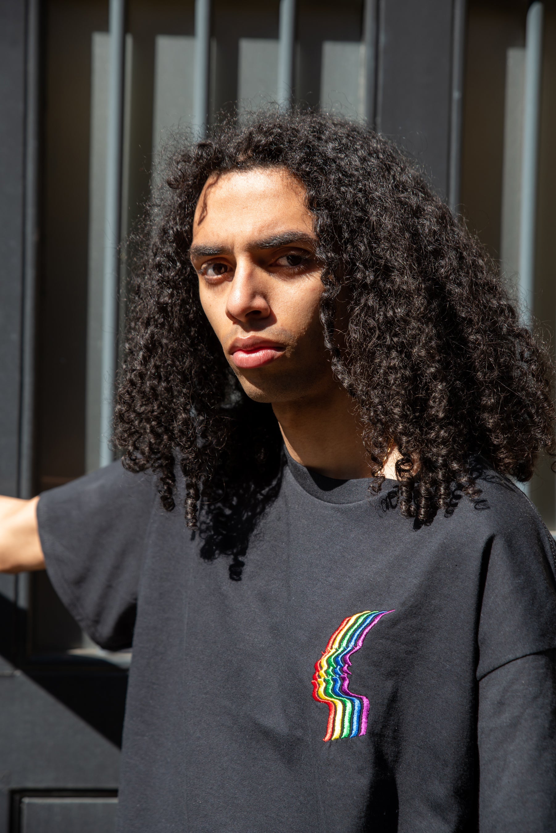 Short Sleeved T-shirt in Black with Futuristic Rainbow Embroidery-2