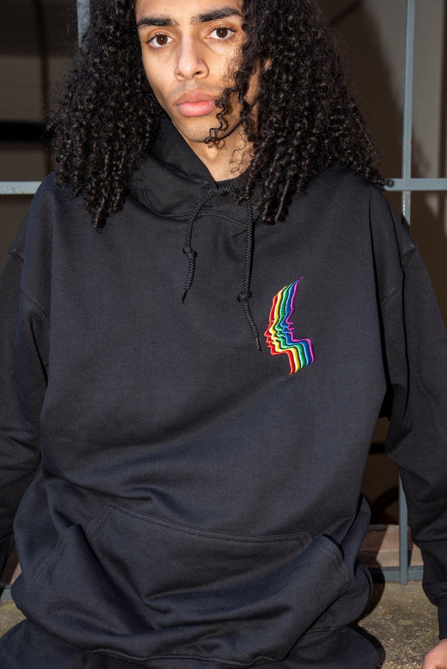 Hoodie in Black with Rainbow Futuristic Embroidery-1