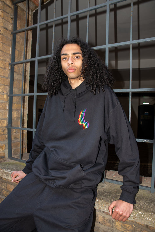 Hoodie in Black with Rainbow Futuristic Embroidery-0