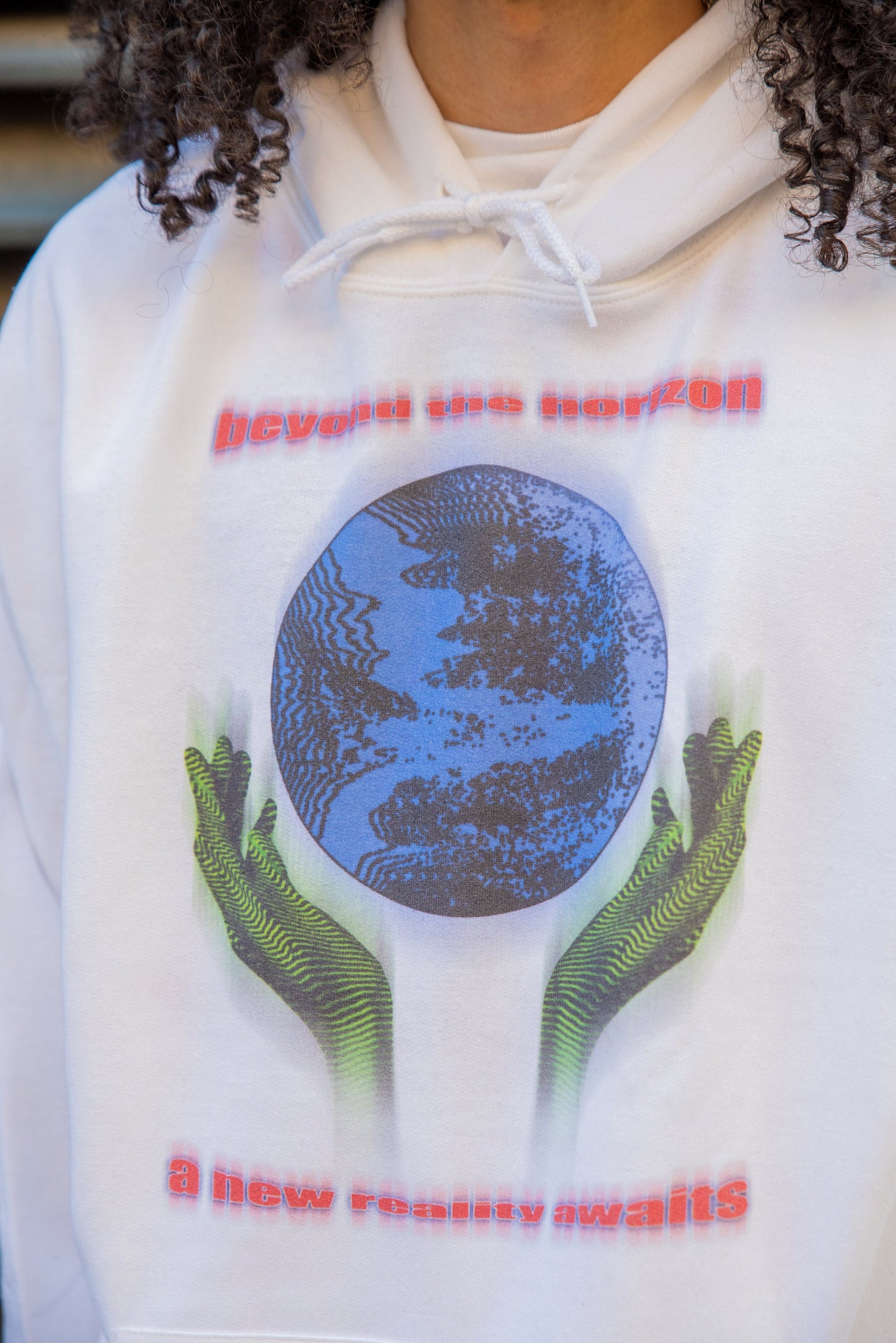 Hoodie in White with Beyond The Horizon Print-2