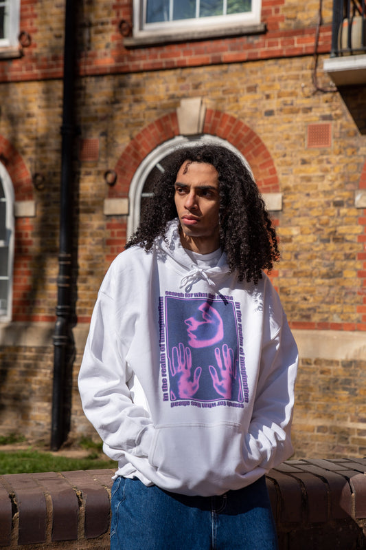 Hoodie in White With In The Realm of Imagination Print Colour-0