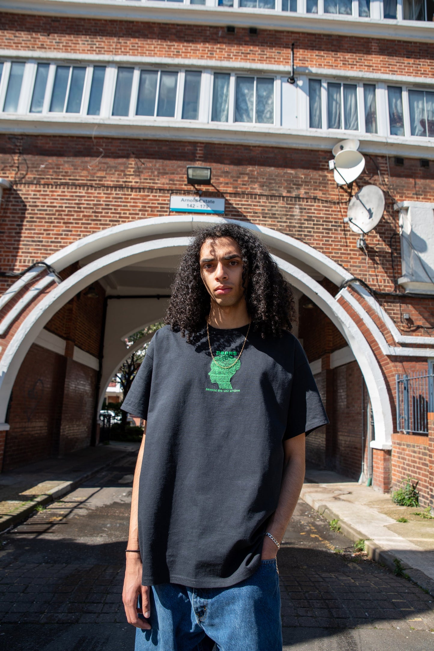 Short Sleeved T-shirt in Black with Beyond The Veil Of Time Embroidery-0