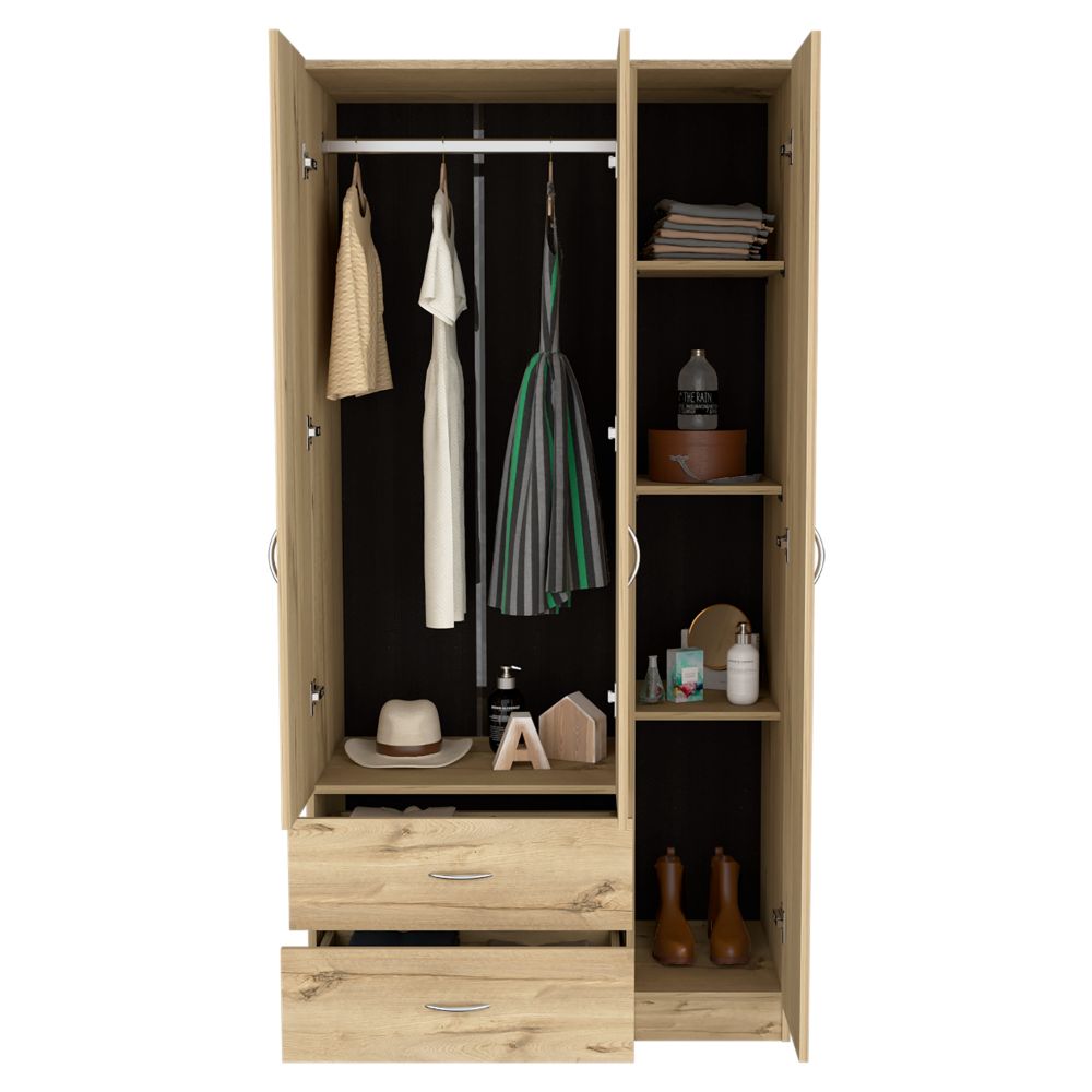 Three Door Armoire Clark, Metal Rod, Light Oak / Black Wengue Finish-2