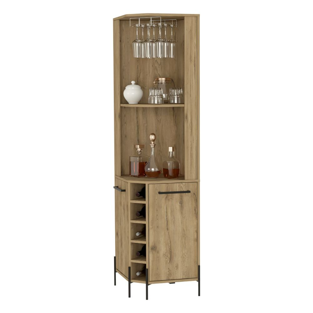 Corner Bar Cabinet Shopron, Two Shelves, Five Wine Cubbies, Aged Oak Finish-2