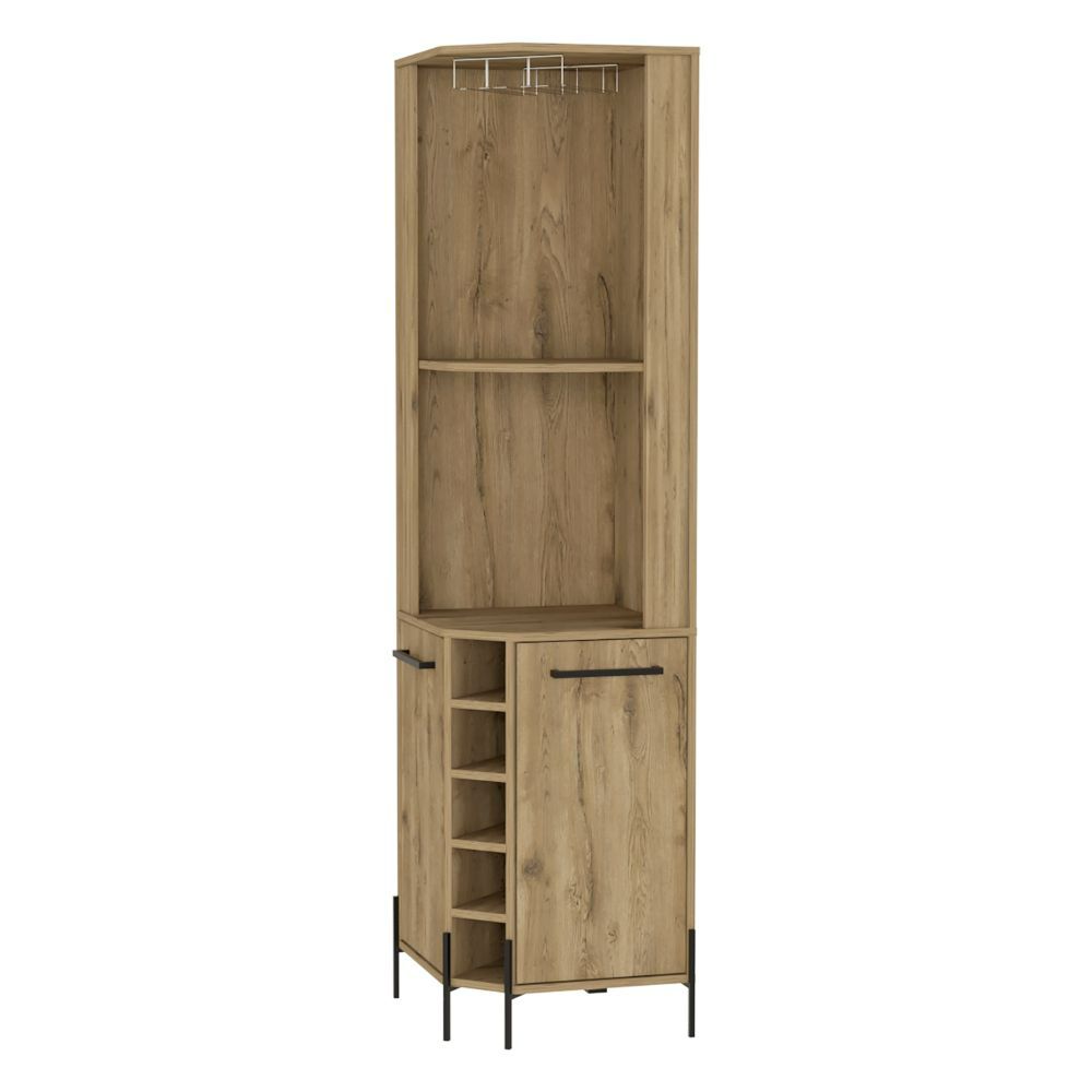 Corner Bar Cabinet Shopron, Two Shelves, Five Wine Cubbies, Aged Oak Finish-3