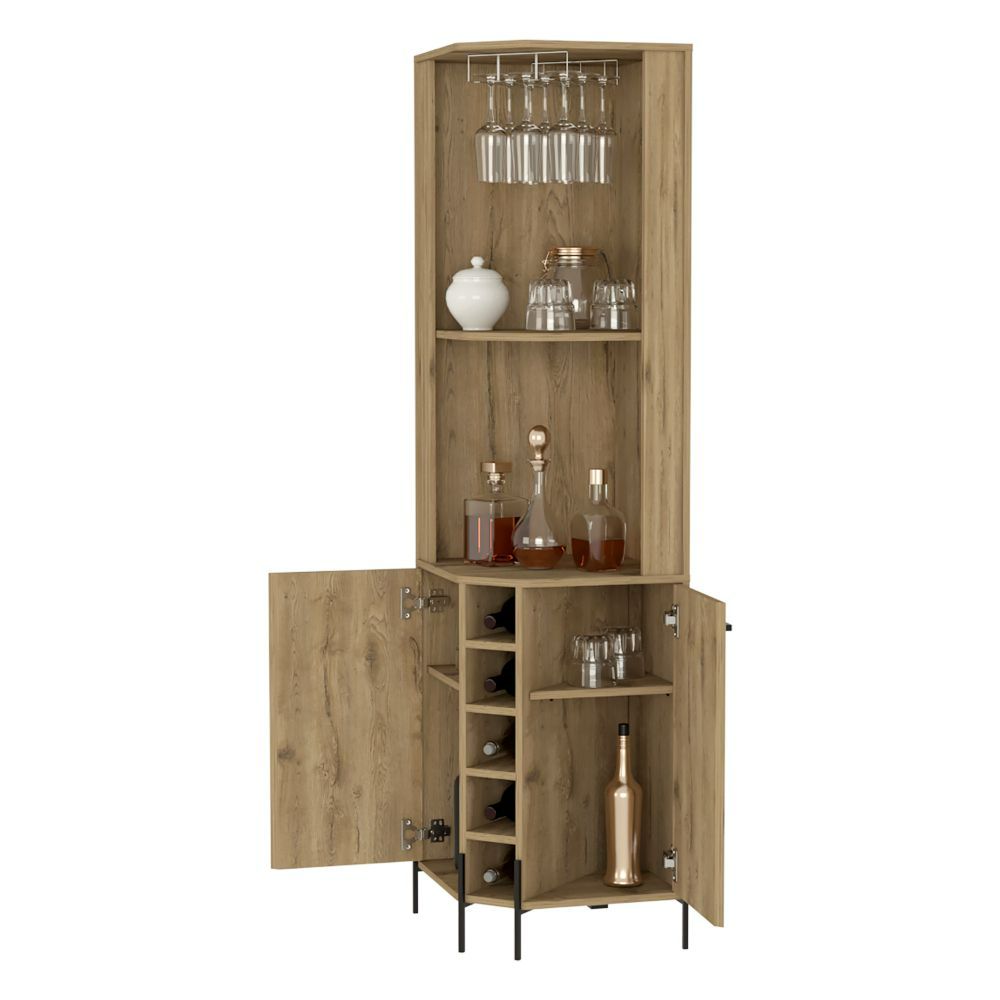 Corner Bar Cabinet Shopron, Two Shelves, Five Wine Cubbies, Aged Oak Finish-4