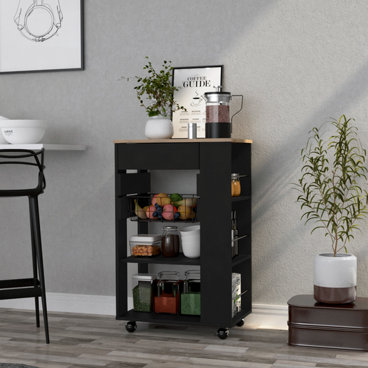 Kitchen Cart Sonex, One Drawer, Two Open Shelves, Four Casters, Black Wengue / Light Oak Finish-0