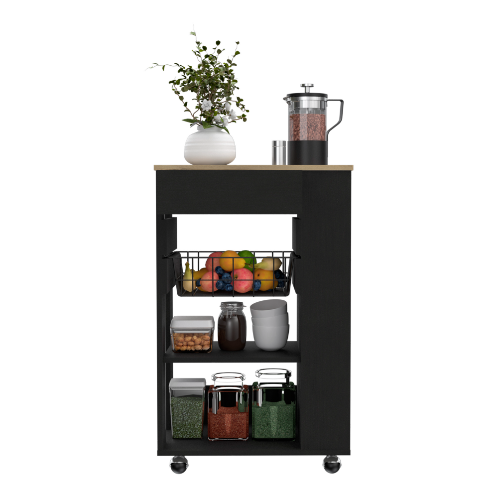 Kitchen Cart Sonex, One Drawer, Two Open Shelves, Four Casters, Black Wengue / Light Oak Finish-2