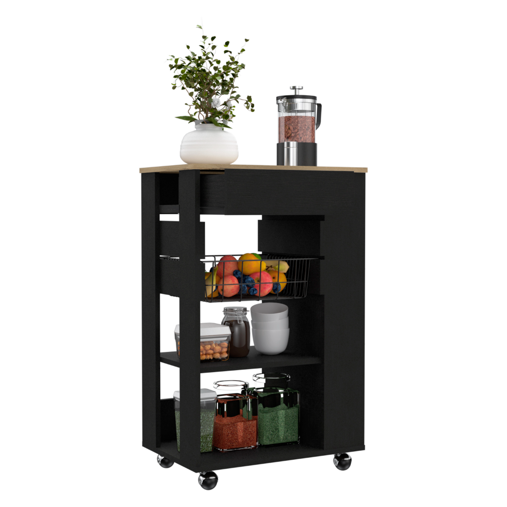 Kitchen Cart Sonex, One Drawer, Two Open Shelves, Four Casters, Black Wengue / Light Oak Finish-4