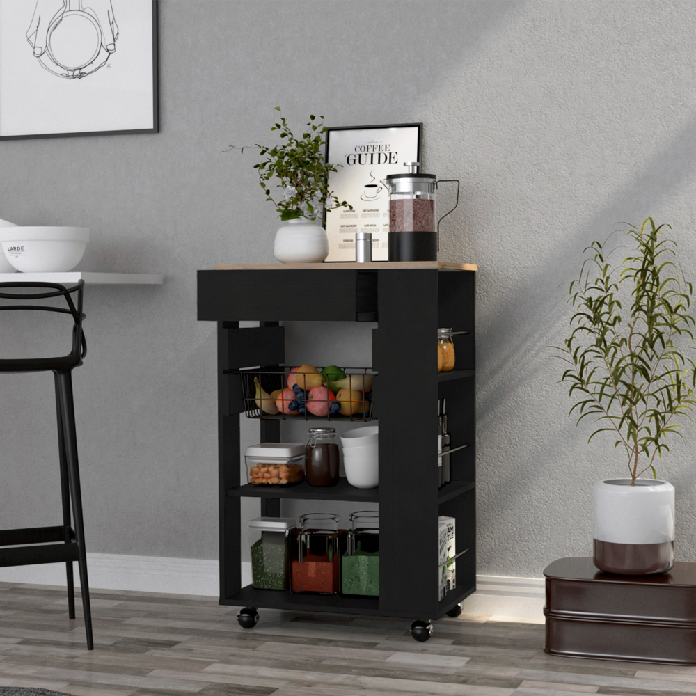 Kitchen Cart Sonex, One Drawer, Two Open Shelves, Four Casters, Black Wengue / Light Oak Finish-1