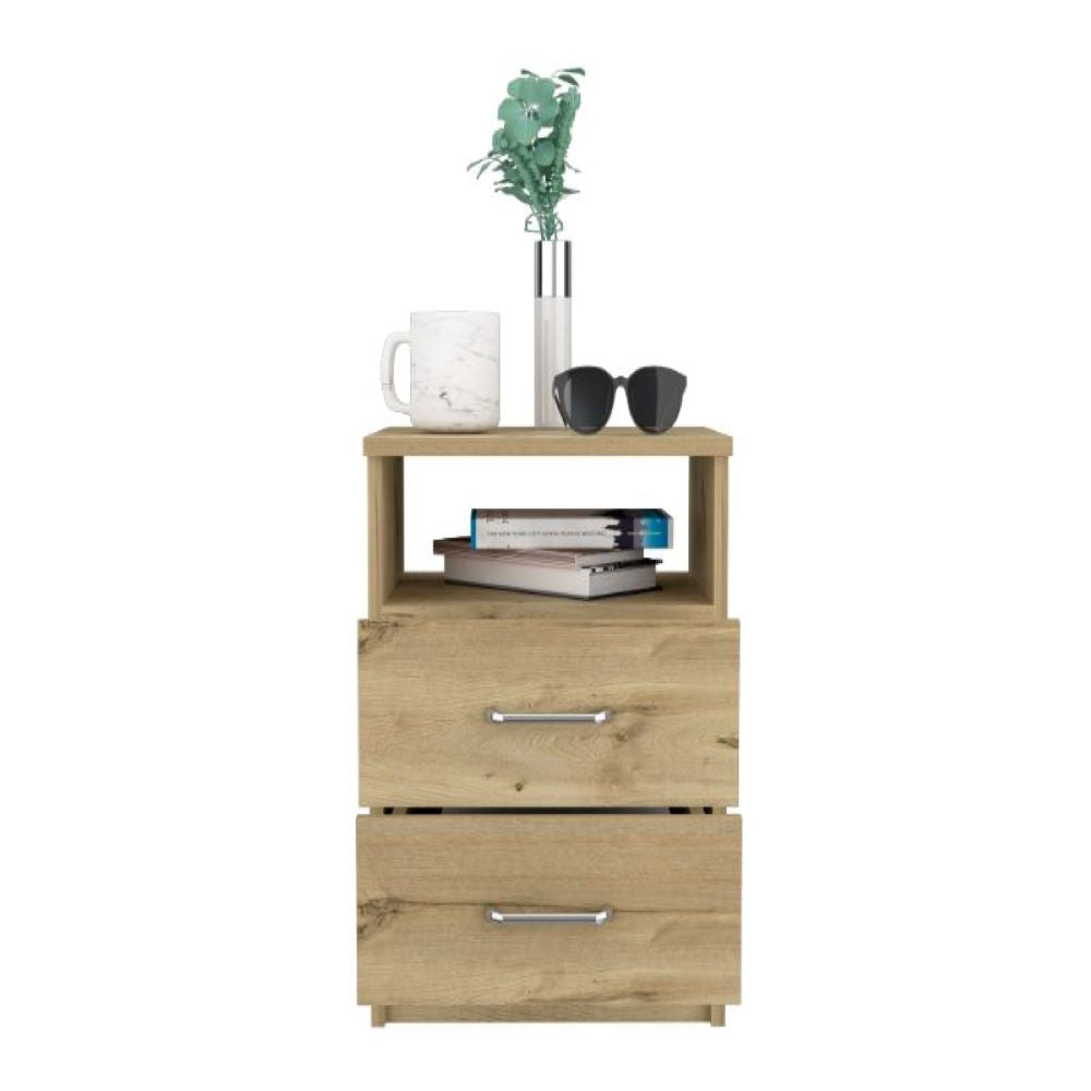 Nightstand Olienza, Two Drawers, One Shelf, Light Oak Finish-2