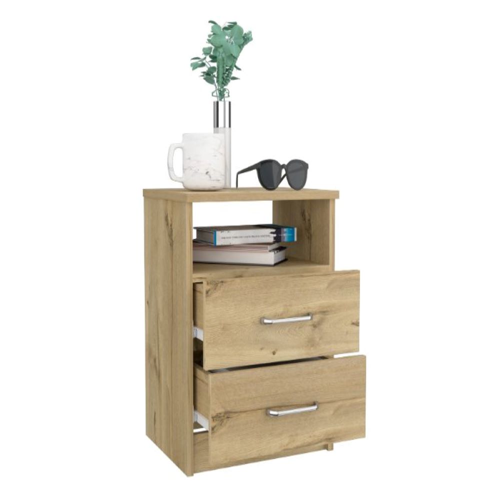 Nightstand Olienza, Two Drawers, One Shelf, Light Oak Finish-4