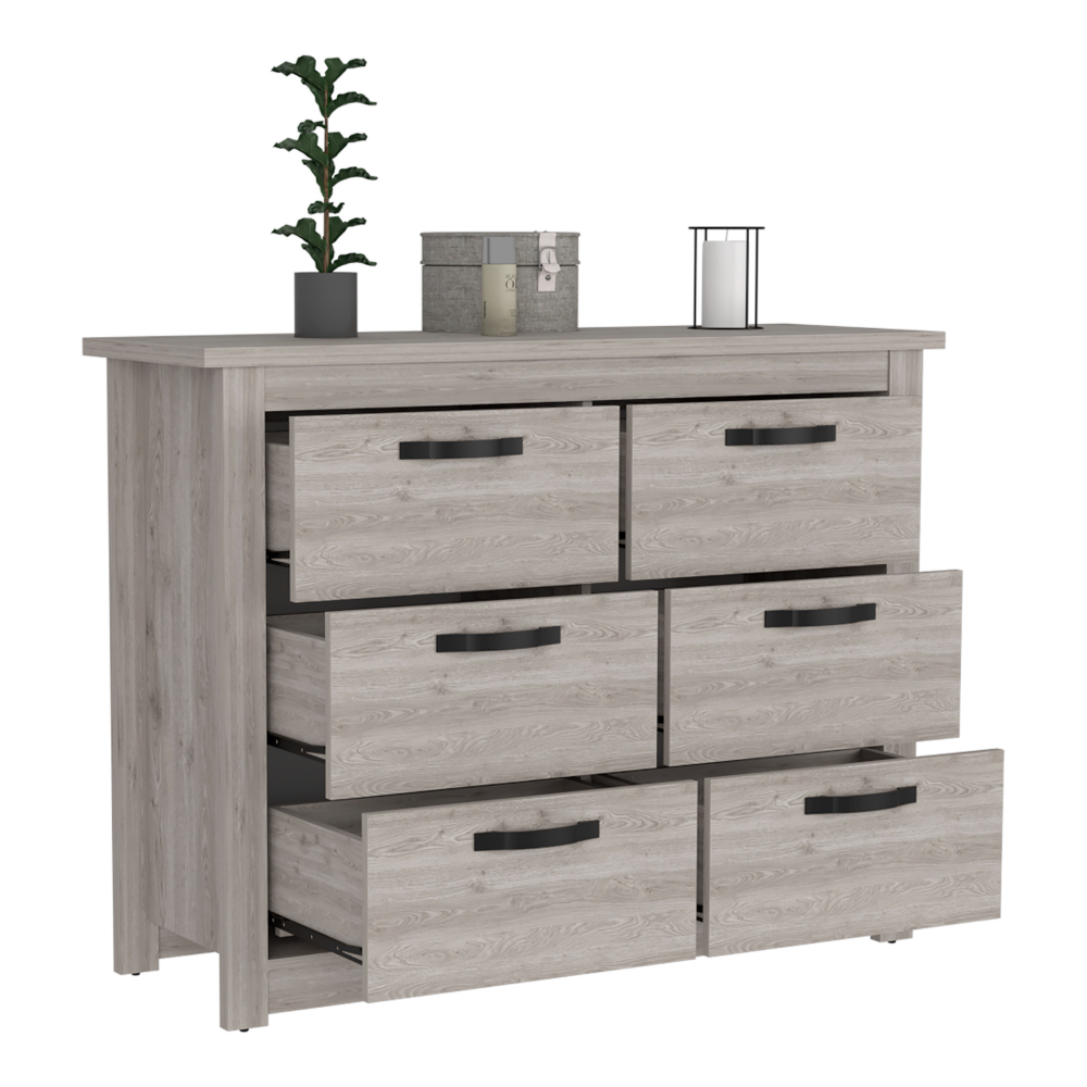 6 Drawer Double Dresser Toret, Metal Hardware, Light Gray Finish-4