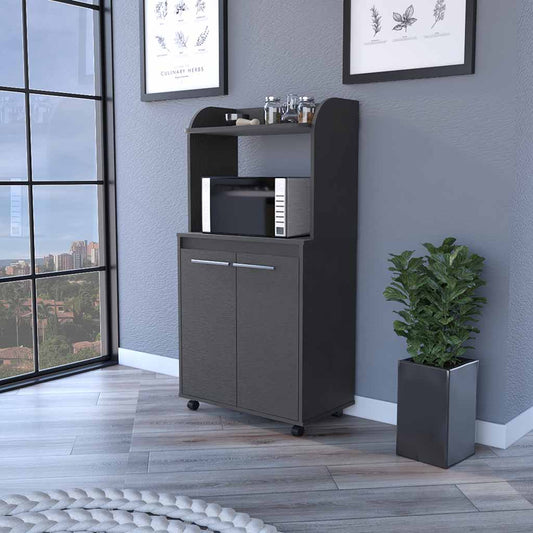 Kitchen Cart Totti, Double Door Cabinet, One Open Shelf, Two Interior Shelves, Black Wengue Finish-0