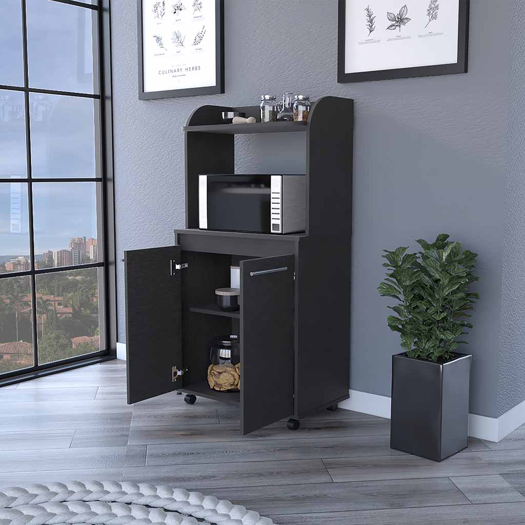 Kitchen Cart Totti, Double Door Cabinet, One Open Shelf, Two Interior Shelves, Black Wengue Finish-1