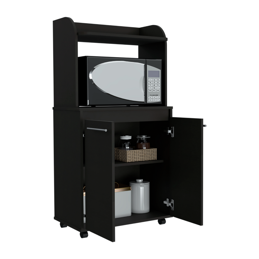 Kitchen Cart Totti, Double Door Cabinet, One Open Shelf, Two Interior Shelves, Black Wengue Finish-4